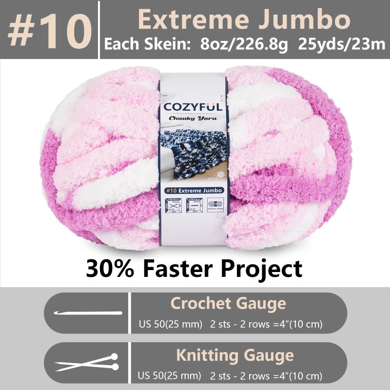 Cozyful Chunky Yarn for Hand Knitting - #10 Chunky Chenille Blanket Yarn, Jumbo Big Thick Chunky Yarns for Crocheting, Tie Dye Bulky Knit Yarns, 8 Skein (25 yds 8 oz Each Skein), White & Pink & Rose - Image 2