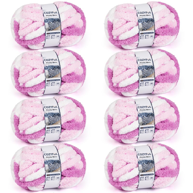 Cozyful Chunky Yarn for Hand Knitting - #10 Chunky Chenille Blanket Yarn, Jumbo Big Thick Chunky Yarns for Crocheting, Tie Dye Bulky Knit Yarns, 8 Skein (25 yds 8 oz Each Skein), White & Pink & Rose - Image 1