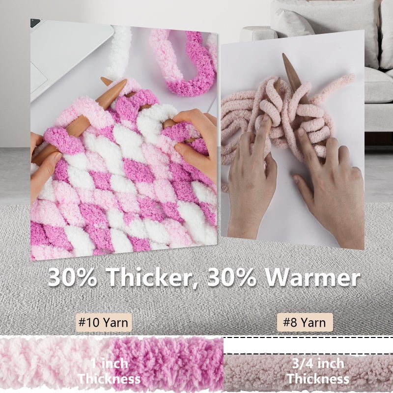 Cozyful Chunky Yarn for Hand Knitting - #10 Chunky Chenille Blanket Yarn, Jumbo Big Thick Chunky Yarns for Crocheting, Tie Dye Bulky Knit Yarns, 8 Skein (25 yds 8 oz Each Skein), White & Pink & Rose - Image 3