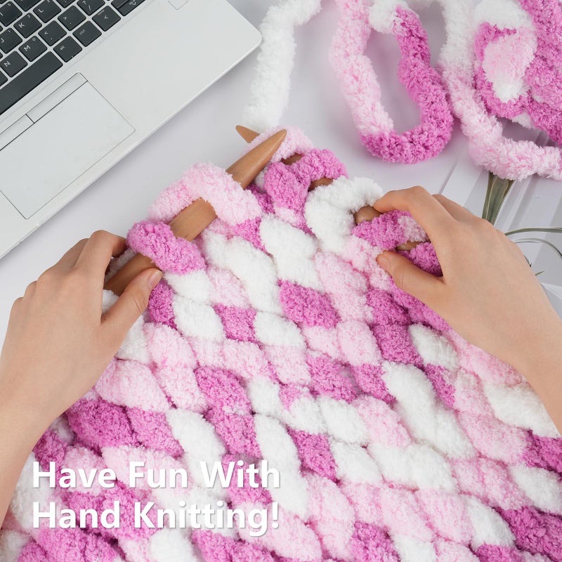 Cozyful Chunky Yarn for Hand Knitting - #10 Chunky Chenille Blanket Yarn, Jumbo Big Thick Chunky Yarns for Crocheting, Tie Dye Bulky Knit Yarns, 8 Skein (25 yds 8 oz Each Skein), White & Pink & Rose - Image 5