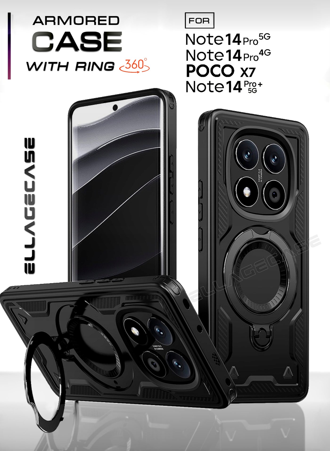 ELLAGECASE Protective Case with Ring for Xiaomi Redmi Note 14 Pro 5G / Note 14 Pro 4G / Poco X7 / Note 14 Pro Plus 5G, Rugged Drop Protection, Horizontal and Vertical Stand Capability, Solid Camera Pr