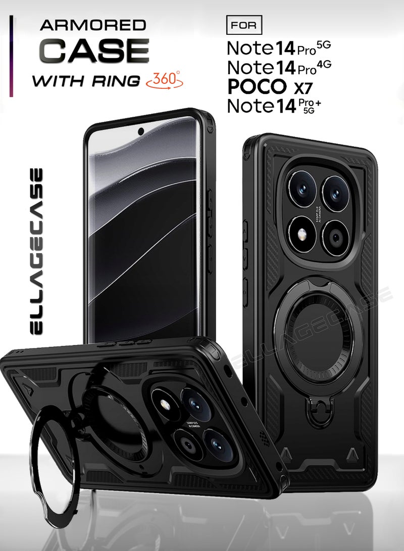 ELLAGECASE حافظة واقية مع حلقة لهاتف Xiaomi Redmi Note 14 Pro 5G / Note 14 Pro 4G / Poco X7 / Note 14 Pro Plus 5G، حماية قوية من السقوط، إمكانية الوقوف أفقيًا ورأسيًا، حماية كاميرا متينة، دعم متوازن، وتوافق مثالي مع الملحقات المغناطيسية - Image 1
