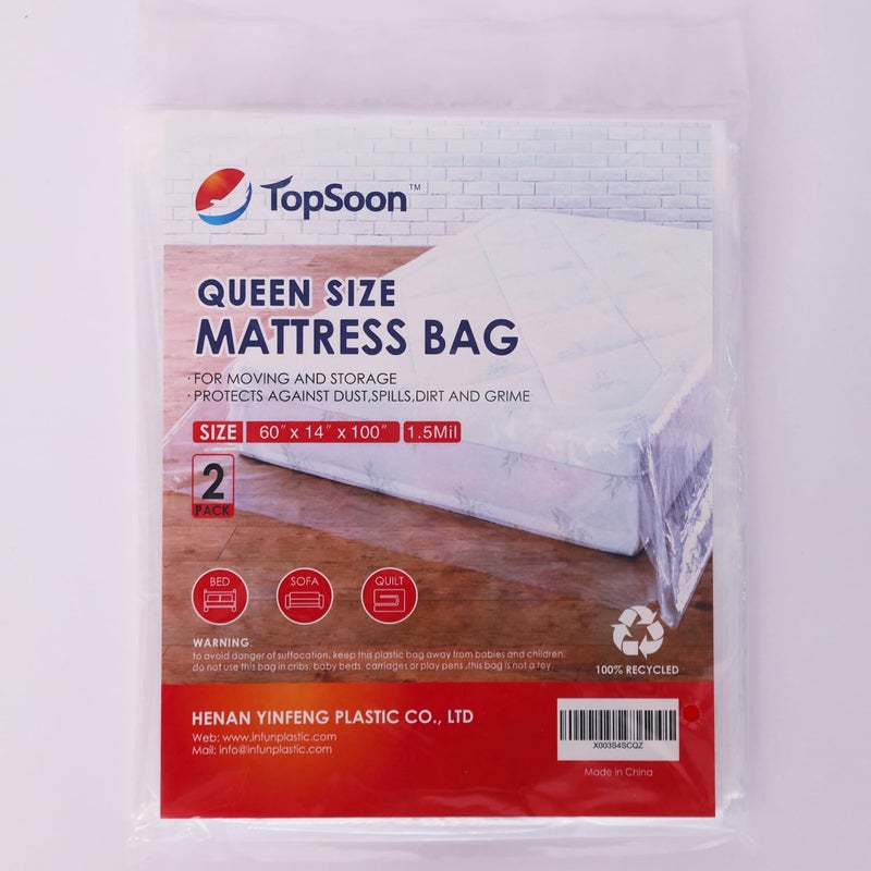 TopSoon TopSoon 2PK Mattress Bag  Clear Plastic Mattress Disposal Bag  Moving  Storage Cover for Mattress or Box Spring  HeavyDuty Mattress Moving Supplies 15milQueen 60 x 14 x 100 