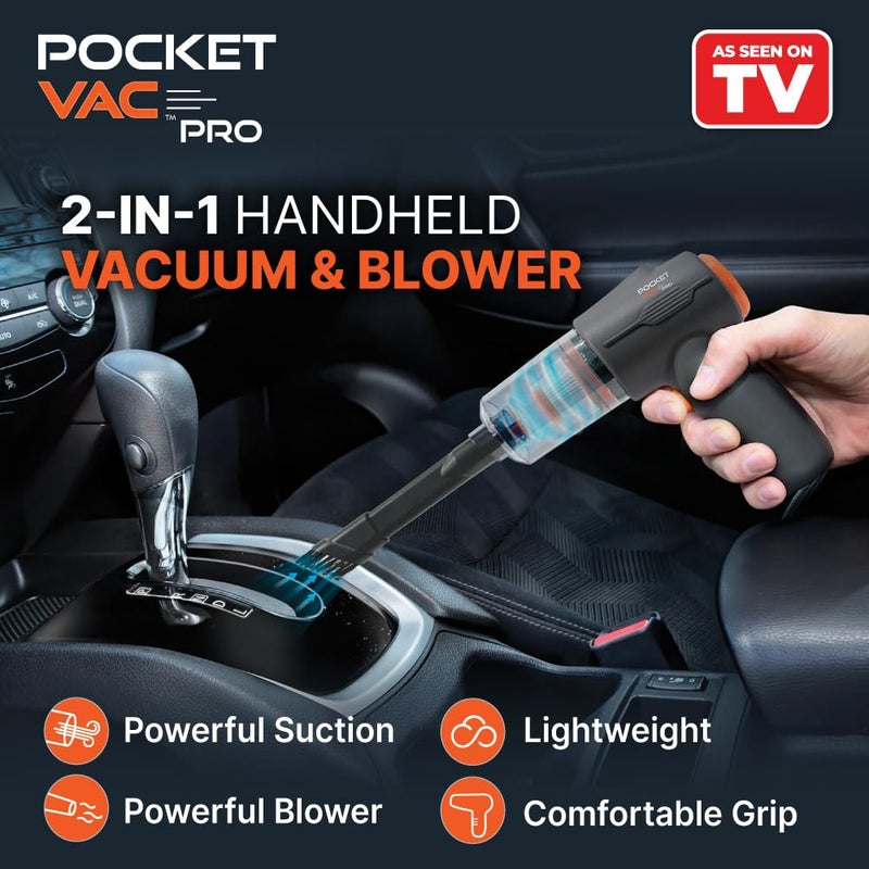 Pocket Vac مكنسة يدوية بوكيت فاك برو ومحطة شحن، مكنسة لاسلكية مدمجة، خفيفة الوزن وقوية لتنظيف المنزل والمطبخ وزوايا السيارة والأثاث وشعر الحيوانات الأليفة والغبار والفتات - Image 2