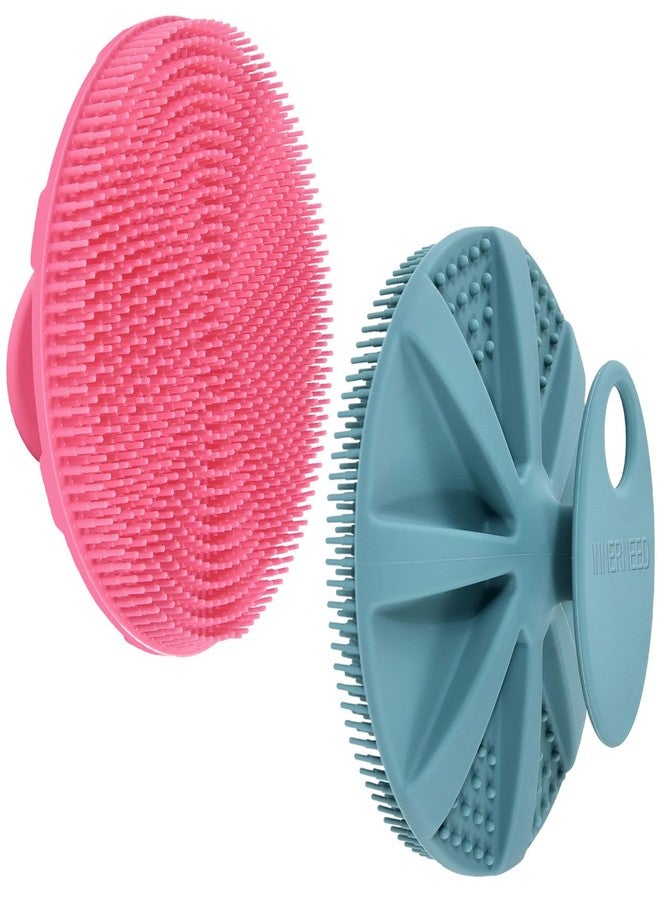 INNERNEED Food-Grade Soft Silicone Body Scrubber Shower Brush Handheld Cleansing Skin Brush, Gentle Exfoliating and Lather Well (Dark Green+Pink) - Image 1