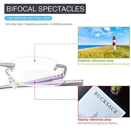 MIRYEA Rimless Clear Bifocal Reading Glasses Spring Hinge Blue Light Blocking Readers for Men and Women Unisex Eyewear Far Near Dual-Use Lightweight Magnifying Anti Glare UV Digital Fashion Eyeglasses - Image 4