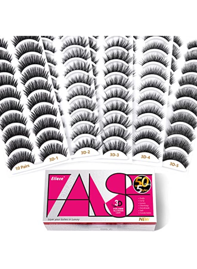 Eliace False Eyelashes Natural look Cat Eye Lashes Wispy Strips 3D Mink Lashes FulffyNEW 50 Pairs 5 Styles Fake EyelashesFaux Volume Curly FullThin Lash Band Soft Comfortable Lightweight Lash Pack - Image 1