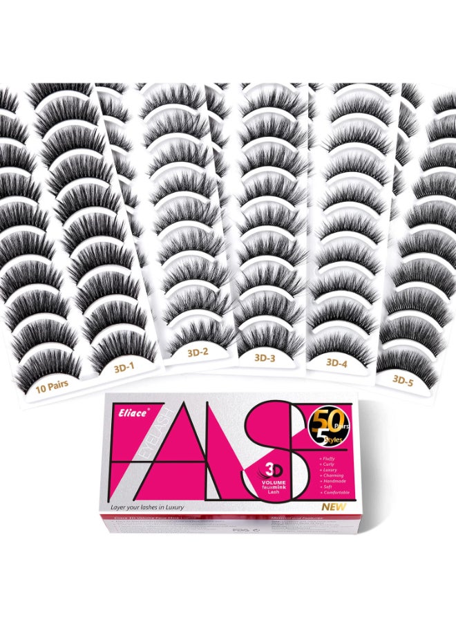 Eliace False Eyelashes Natural look Cat Eye Lashes Wispy Strips 3D Mink Lashes FulffyNEW 50 Pairs 5 Styles Fake EyelashesFaux Volume Curly FullThin Lash Band Soft Comfortable Lightweight Lash Pack - Image 3