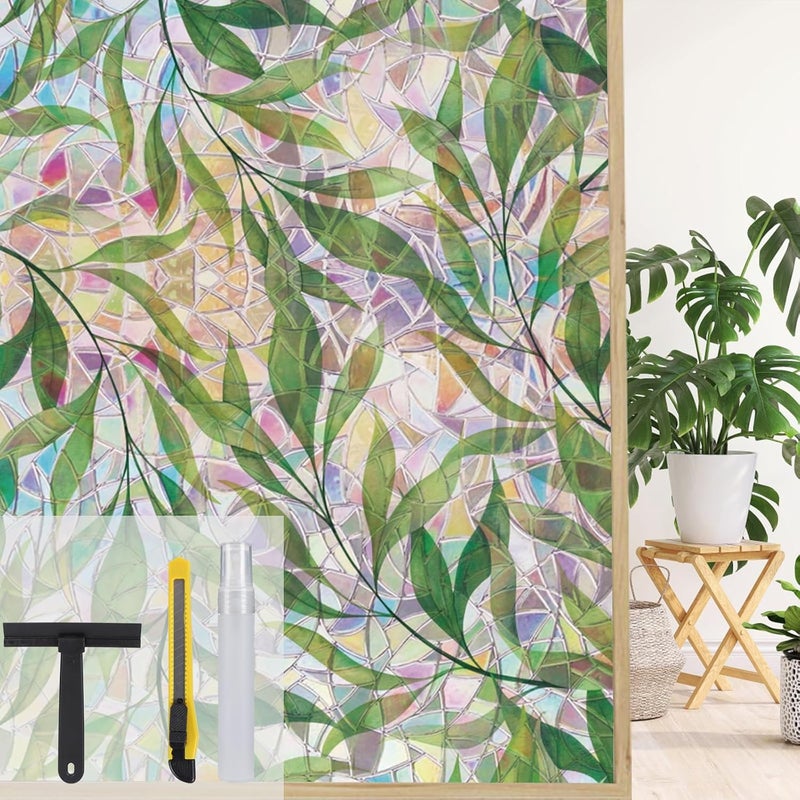 Maritown Window Film Privacy Rainbow Static Cling Window Film Plants Flowers Patterned Stained Glass Decorative Window Covering Stickers Films for Bathroom Kitchen Glass Windows Doors - Image 1