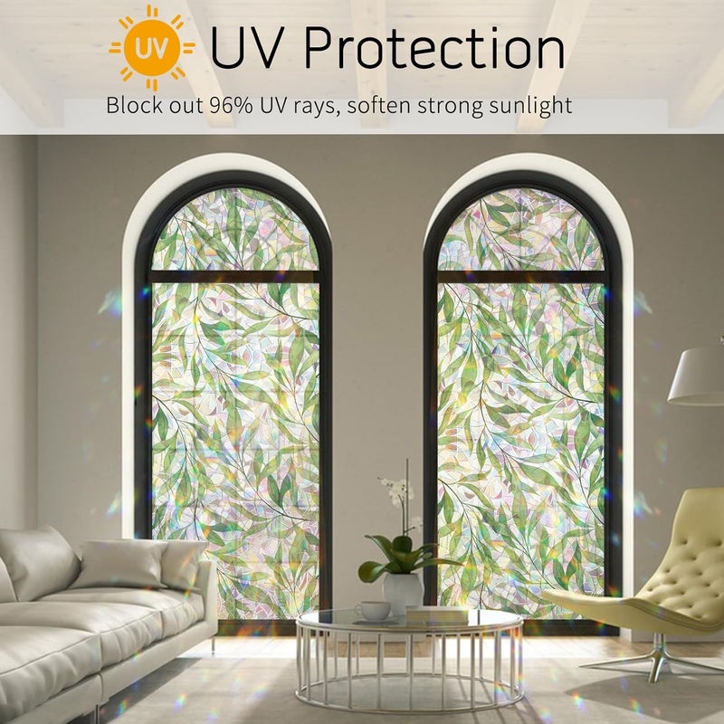 Maritown Window Film Privacy Rainbow Static Cling Window Film Plants Flowers Patterned Stained Glass Decorative Window Covering Stickers Films for Bathroom Kitchen Glass Windows Doors - Image 3