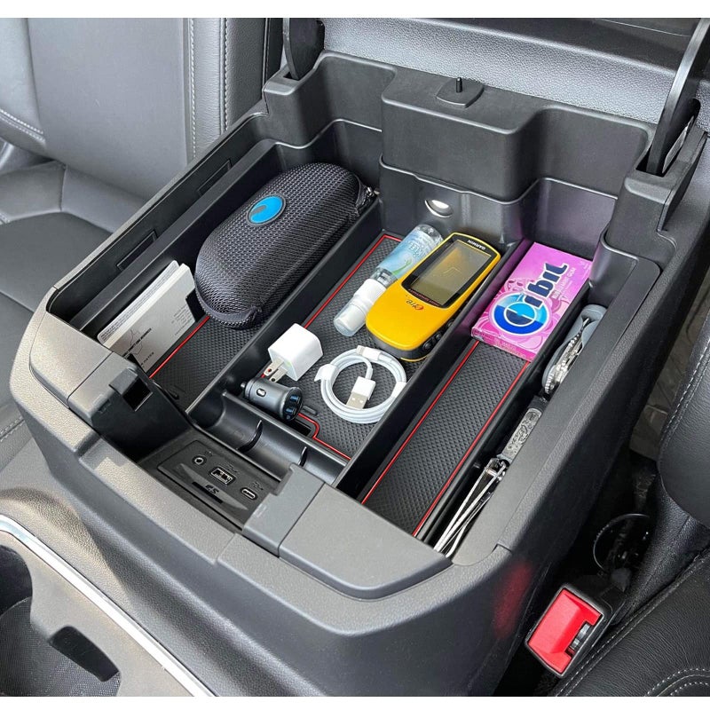 TOPINSTALL Red Center Console Organizer Compatible with 20192022 SilveradoSierra 1500 and 20202023 SilveradoSierra 2500HD 3500HD Armrest FullSize Tray Full Console wBucket Seats ONLY