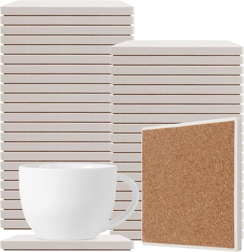 HOZEON 45 PCS 4 Inch Sublimation Blank Coaster for Drinks, Ceramic Tiles for Crafts Coasters, Unglazed White Tiles with Cork Backing Heat Transfer Absorbent DIY Coasters for Pouring, Mosaics, Decor - Image 1