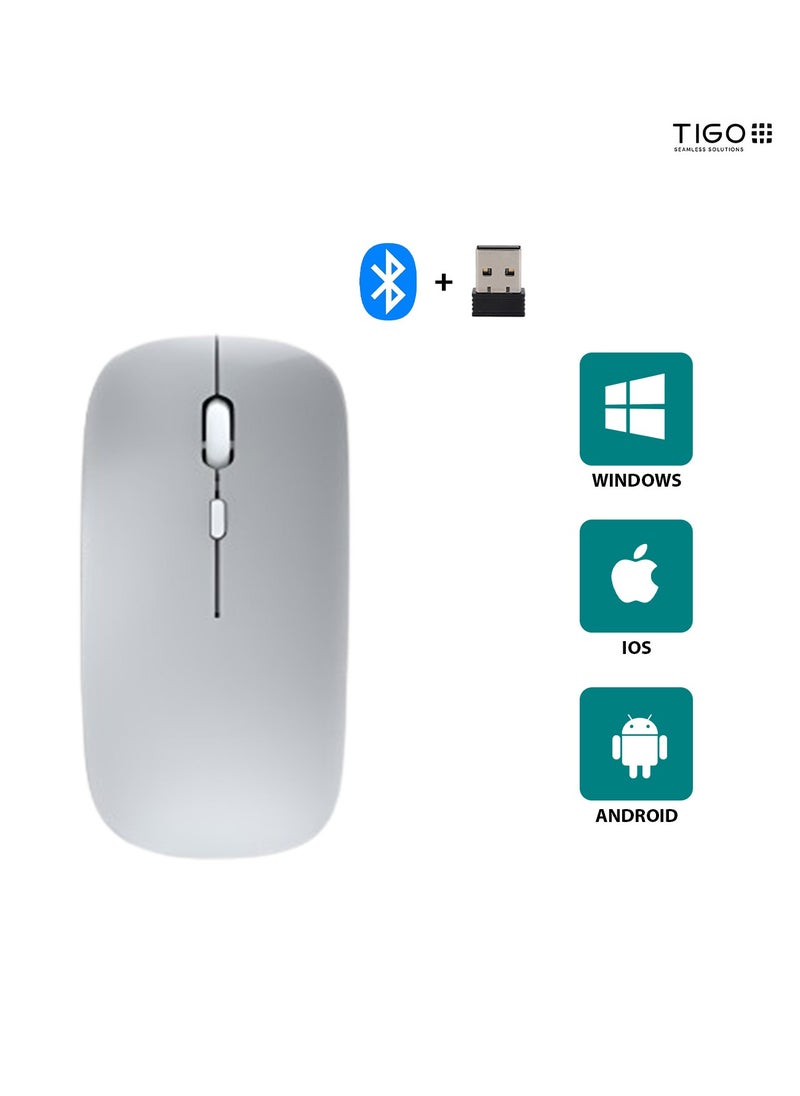 تيجو - ماوس بلوتوث لاسلكي USB مع دونجل لاسلكي USB 2.4 جيجا هرتز يصل إلى 1600 نقطة في البوصة حتى 10 م مستشعر بصري للكمبيوتر المحمول كمبيوتر محمول ماك بوك كمبيوتر iPad كمبيوتر فضي - Image 1