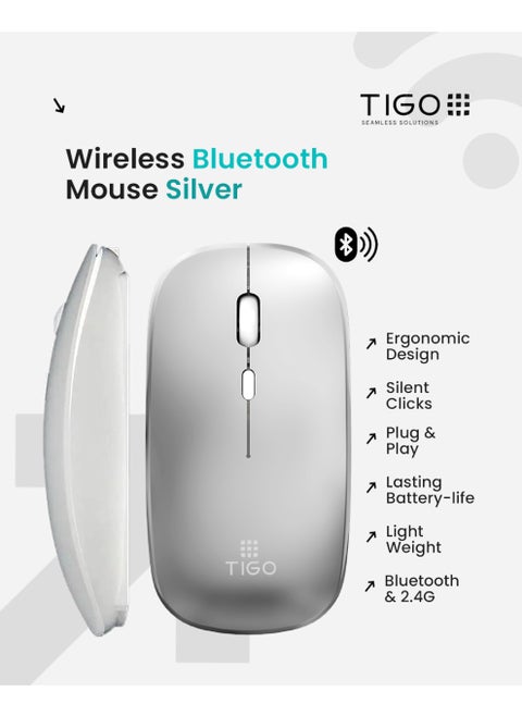 Bluetooth Wireless USB Mouse with USB 2.4GHz Wireless Dongle up to 1600 DPI up to 10m Optical Sensor for Laptop PC MacBook iPad Computer Silver