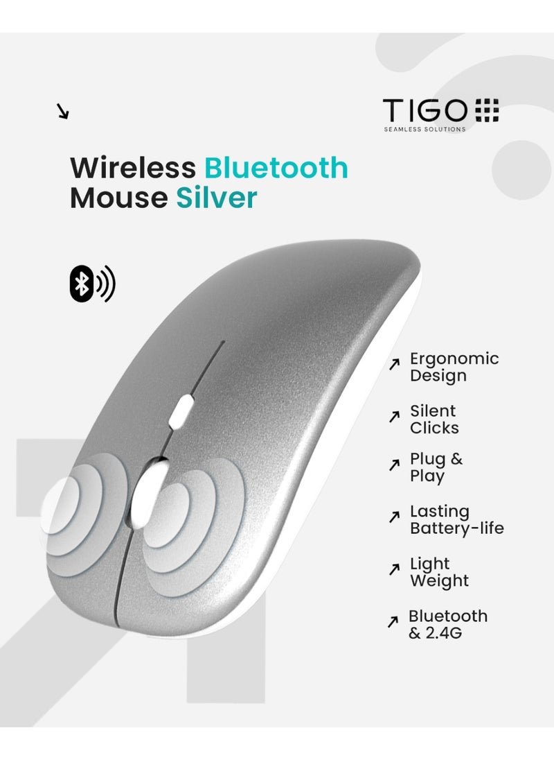 T I G O - Bluetooth Wireless USB Mouse with USB 2.4GHz Wireless Dongle up to 1600 DPI up to 10m Optical Sensor for Laptop PC MacBook iPad Computer Silver - Image 1