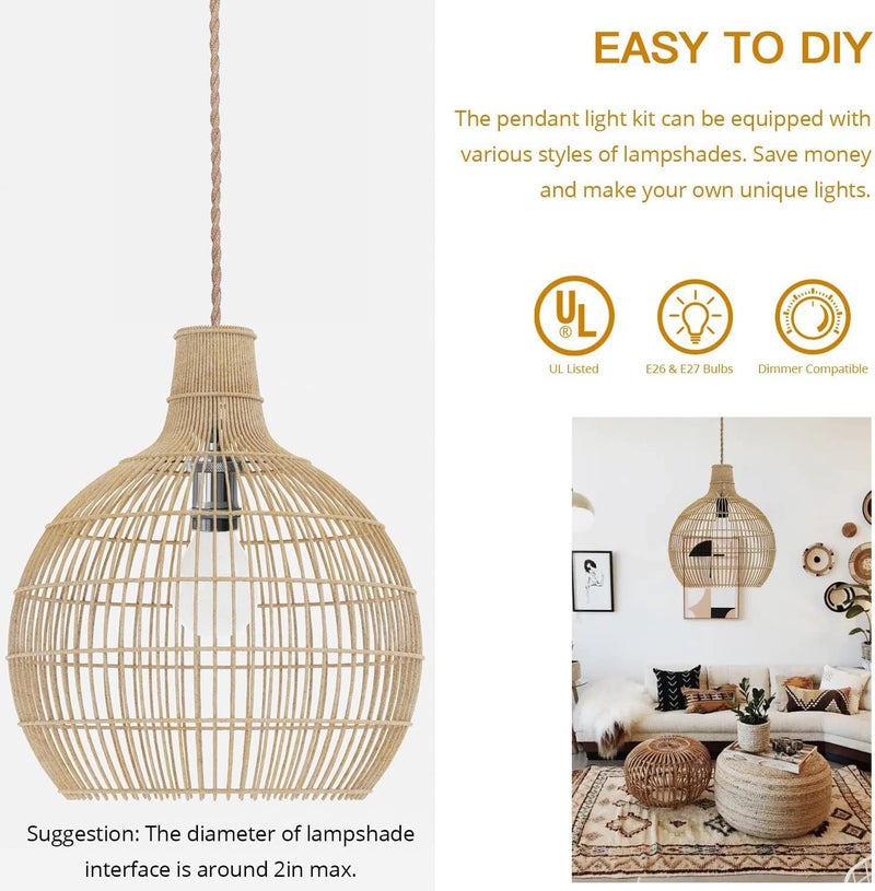 JACKYLED UL Boho Pendant Light Kit, Hemp Rope Light Fixture with Adjustable Hanging Light Cord & E26 E27 Light Socket, Vintage Ceiling Light for DIY Kitchen Island, Bedroom, Farmhouse - Image 3