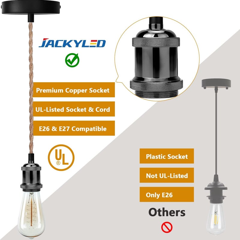 JACKYLED UL Boho Pendant Light Kit, Hemp Rope Light Fixture with Adjustable Hanging Light Cord & E26 E27 Light Socket, Vintage Ceiling Light for DIY Kitchen Island, Bedroom, Farmhouse - Image 2