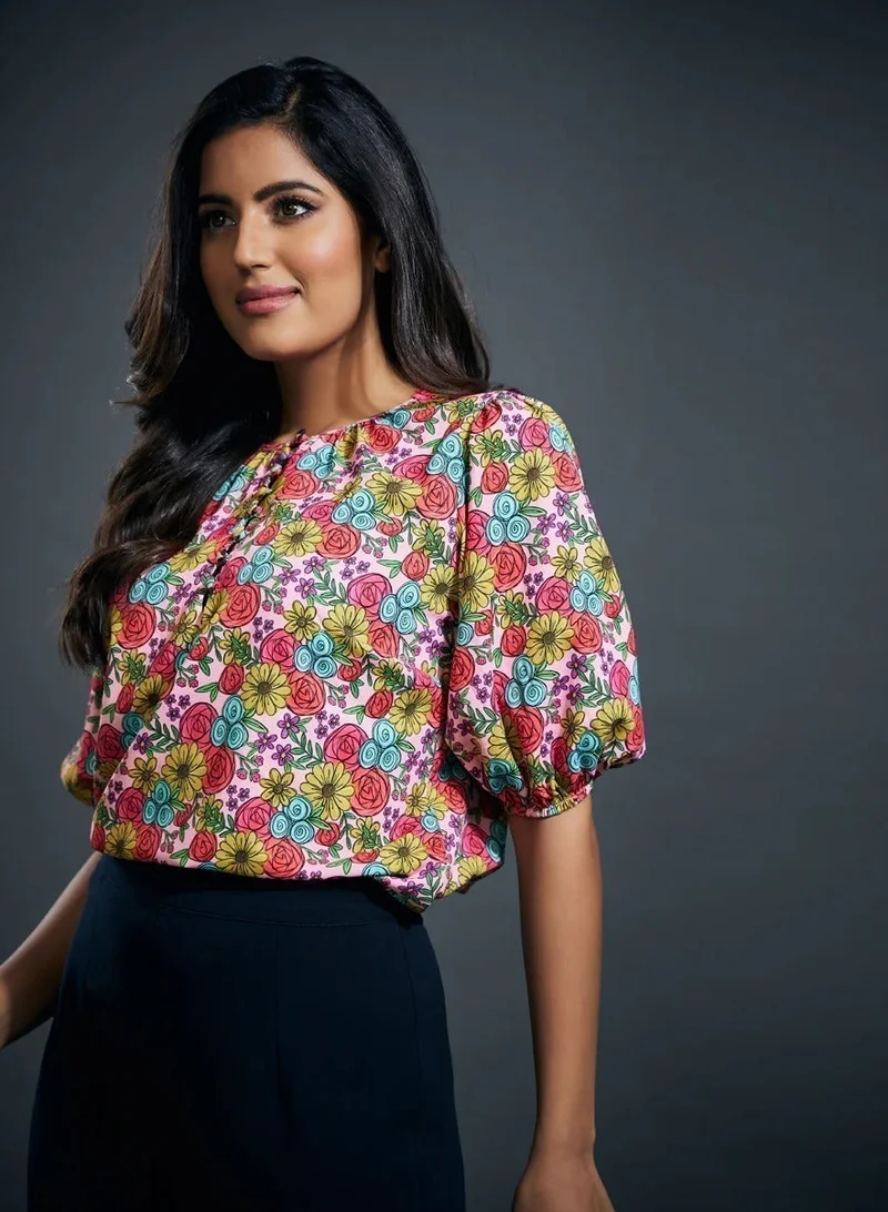 زجزاج مغرفة الرقبة مطوي كم طويل الشيفون الأعلى