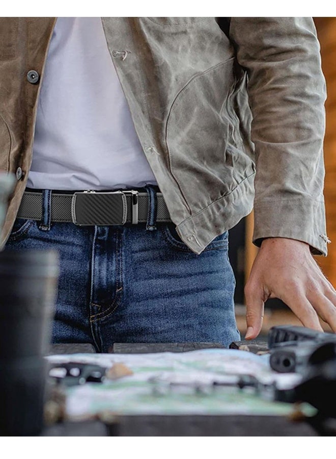 مجيد حزام سقاطة بإبزيم أوتوماتيكي قابل للتعديل، حزام جلد طبيعي بنمط ألياف الكربون، حزام رجالي منسوج - Image 5