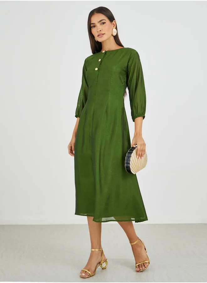مكسيم كريشن Maxim Creation Solid Round Neck A-Line Midi Dress with Button Detail
