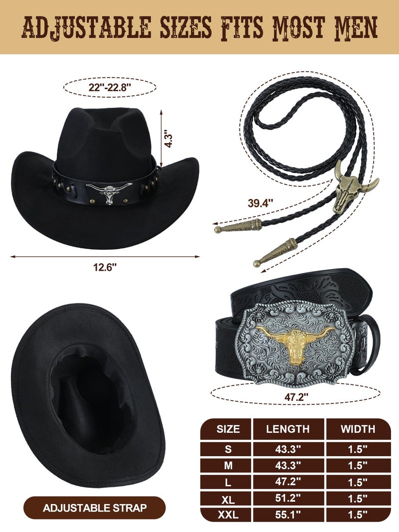 Cutecrop 4 Pcs Western Cowboy Outfits for Men Suede Leather Vest Hat Bolo Tie Belt for Western Halloween Cosplay(Small,Black) - Image 3
