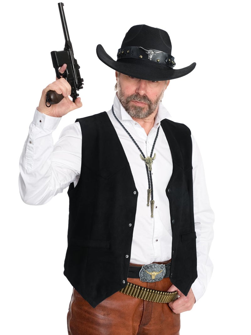 Cutecrop 4 Pcs Western Cowboy Outfits for Men Suede Leather Vest Hat Bolo Tie Belt for Western Halloween Cosplay(Small,Black) - Image 4