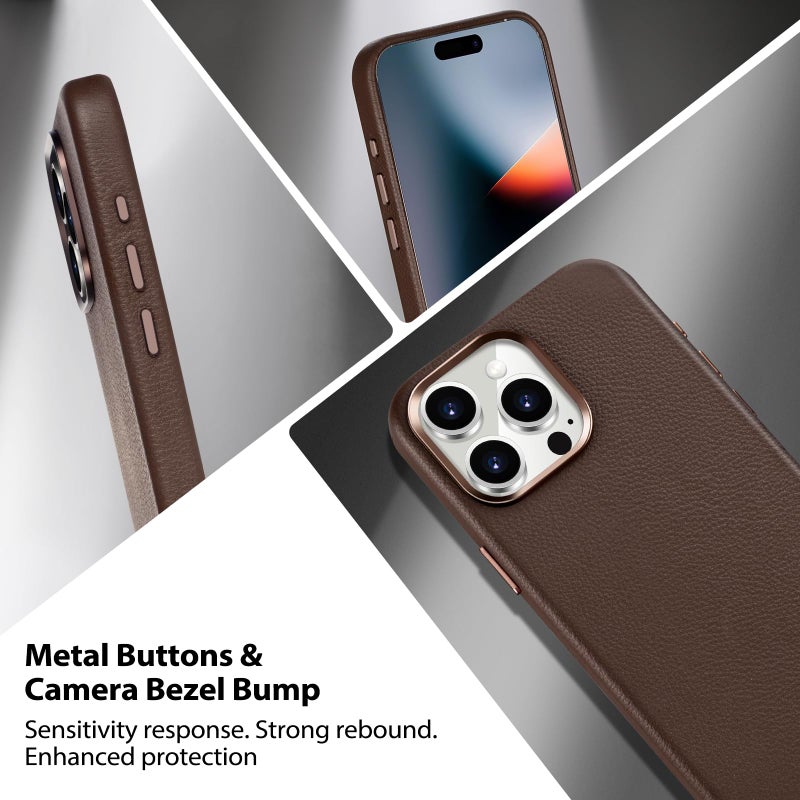Belemay Compatible with iPhone 13 Pro Leather Case, Compatible with MagSafe - Luxury Tumbled Leather - Metal Buttons & Lens Protector - Slim Fit&Durable - Distinctive Texture (6.1-inch) - Brown - Image 3