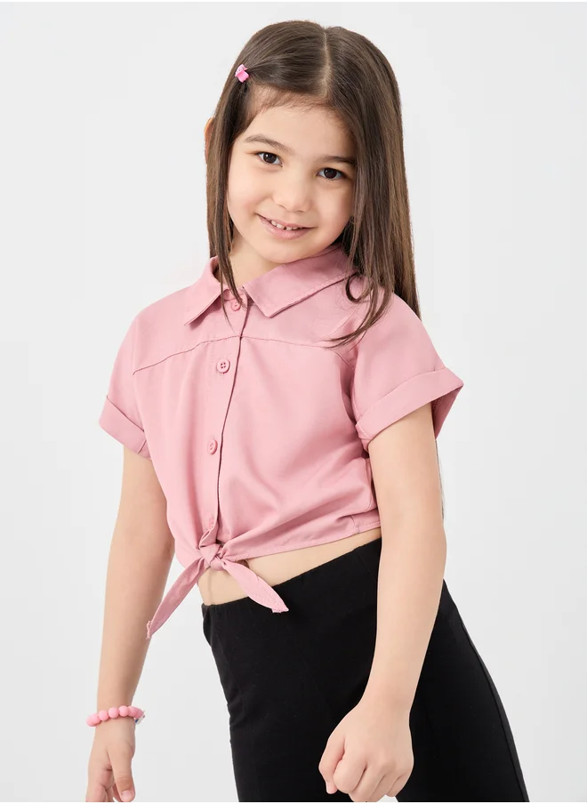 ستايلي Styli Buttoned Wait Tie Collared Crop Shirt