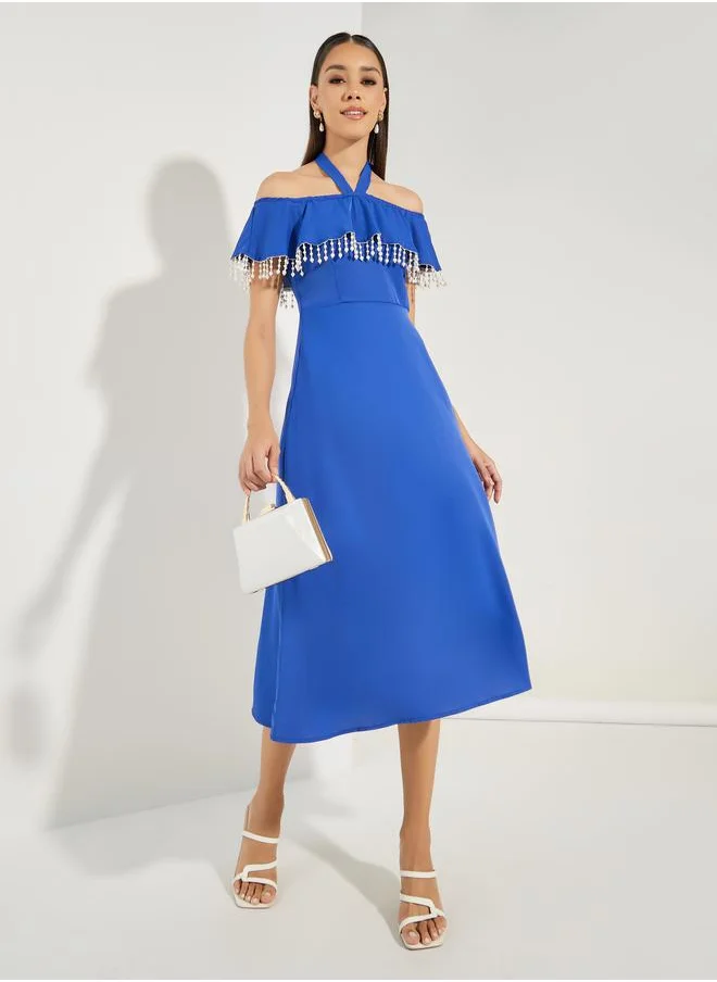 ستايلي Off Shoulder Neck Embellished Midi Dress