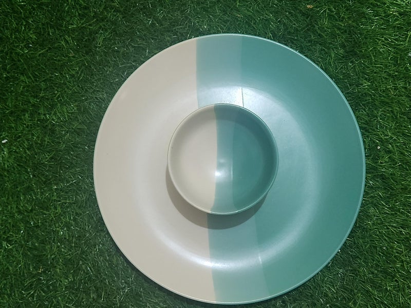 VolCraft Hand-Painted Ceramic Dinner Set of 4 Dinner Plates and 4 Katori Bowls Dinnerware Set (8 Pieces, Serving for 4, Microwave Safe,Seagreen and Off White Color. - Image 4