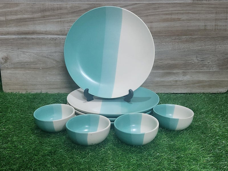 VolCraft Hand-Painted Ceramic Dinner Set of 4 Dinner Plates and 4 Katori Bowls Dinnerware Set (8 Pieces, Serving for 4, Microwave Safe,Seagreen and Off White Color. - Image 1
