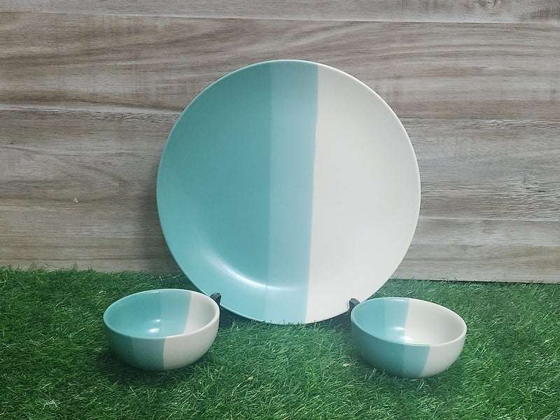 VolCraft Hand-Painted Ceramic Dinner Set of 4 Dinner Plates and 4 Katori Bowls Dinnerware Set (8 Pieces, Serving for 4, Microwave Safe,Seagreen and Off White Color. - Image 5