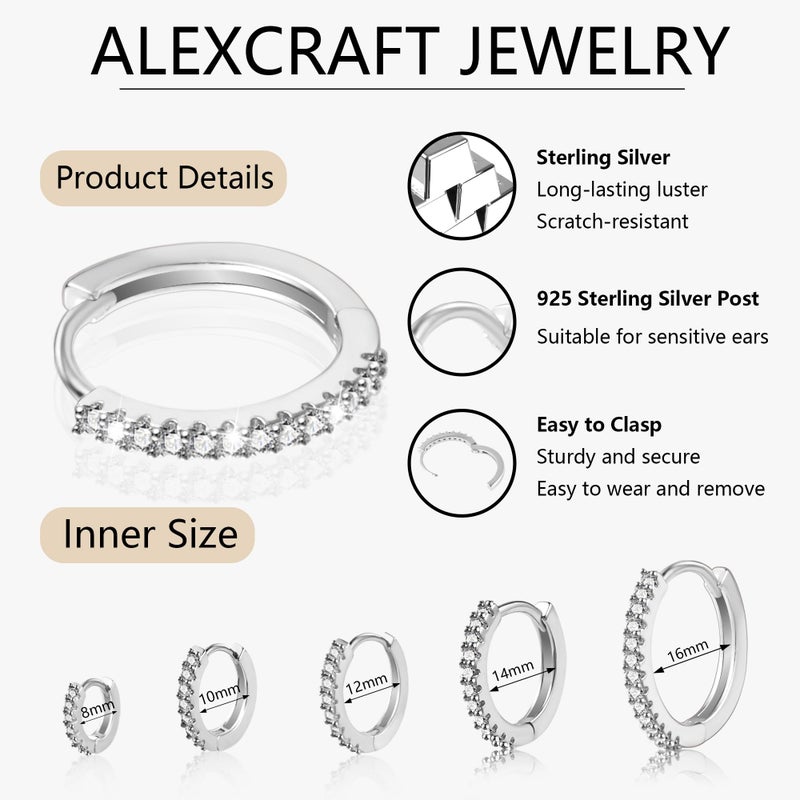 ALEXCRAFT Small 925 Sterling Silver Hoop Earrings for Women- Huggie Cartilage Earring Set Cute Mini Thin Tragus Hoops Multiple Piercings Aretes Earrings Women Trendy 5 Pairs(8/10/12/14/16) mm - Image 5