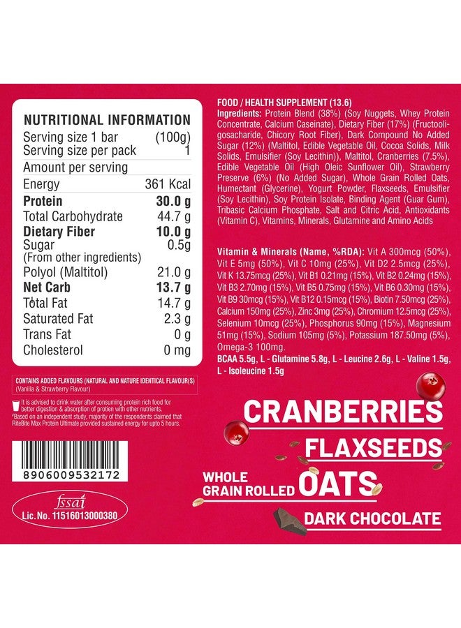 RiteBite Max Protein Ultimate Choco Berry 30g Protein Bars [Pack of 12] Protein Blend, Fiber, Vitamins & Minerals, No Preservatives, 100% Veg, No Added Sugar, For Energy, Fitness & Immunity - 1200g - Image 5