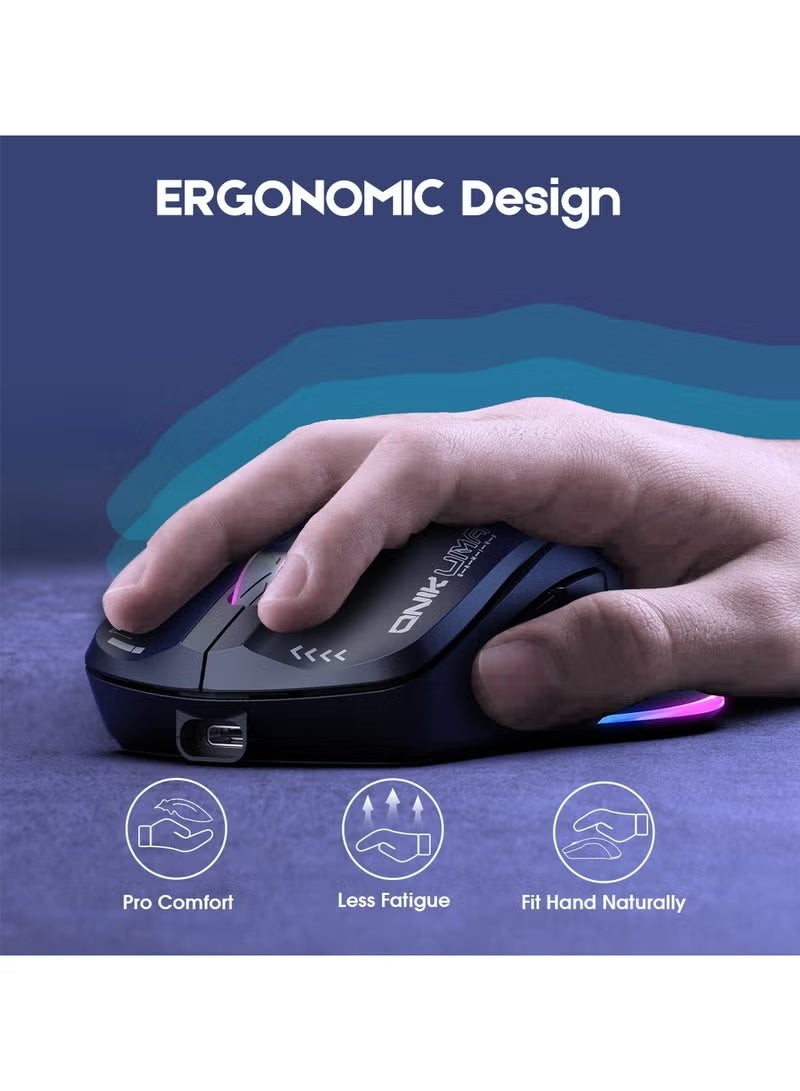 أونيكوما ماوس ألعاب، سلكي/لاسلكي/بلوتوث ثلاثي الأوضاع، ماوس لاسلكي للكمبيوتر المحمول، ماوس محمول من النوع C قابل لإعادة الشحن بدقة 4800 نقطة في البوصة مع 7 أوضاع إضاءة RGB - Image 5