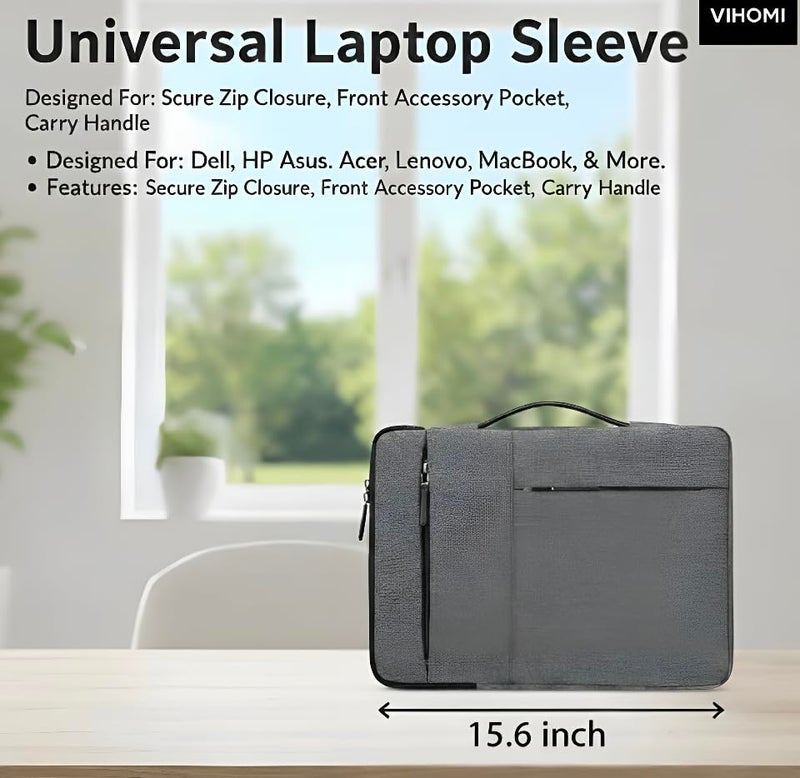 VIHOMI Laptop Sleeve 13.3"–15.6" | Waterproof & Shockproof | Slim, Durable & Lightweight | Nylon & Polyester Briefcase Style | Fits HP, Dell, ASUS, MacBook & More | Everyday Protection – Grey - Image 2