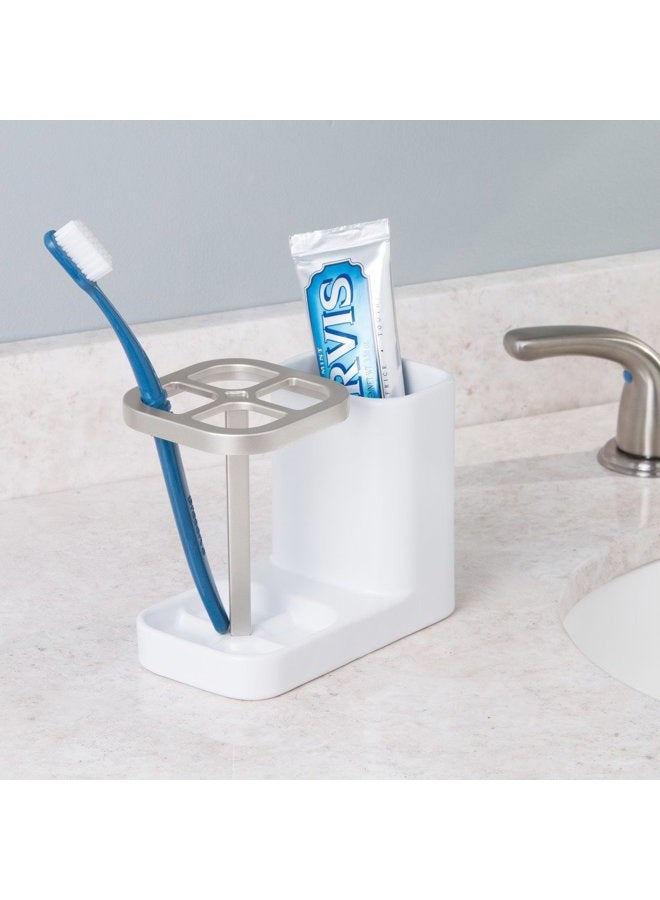 InterDesign iDesign Sedona Ceramic Toothbrush and Toothpaste Holder for Bathroom Vanity Countertop or Medicine Cabinet -5.75" x 3.10" x 4.49", Satin White/Nickel - Image 2