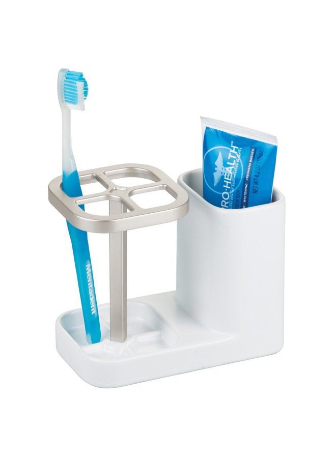 InterDesign iDesign Sedona Ceramic Toothbrush and Toothpaste Holder for Bathroom Vanity Countertop or Medicine Cabinet -5.75" x 3.10" x 4.49", Satin White/Nickel - Image 4