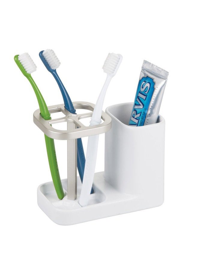 InterDesign iDesign Sedona Ceramic Toothbrush and Toothpaste Holder for Bathroom Vanity Countertop or Medicine Cabinet -5.75" x 3.10" x 4.49", Satin White/Nickel - Image 3