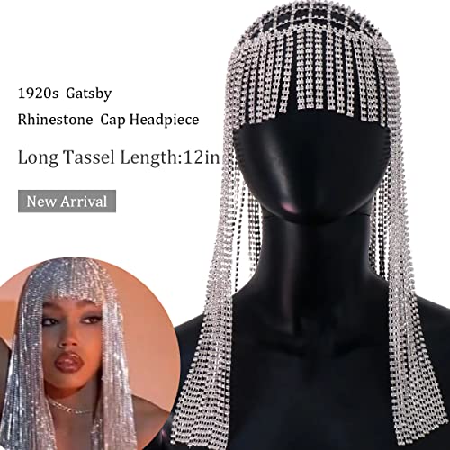 STONEFANS Long Rhinestone Headpiece Cap 1920s Tassel Crystal Flapper Head Chain Gatsby Belly Dance Hair Accessories for Women (silver) - Image 4