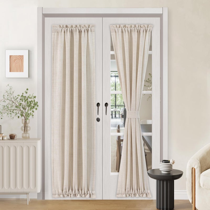 FMFUNCTEX Linen French Door Curtain Panels 72 Inches Long, Natural Flax Linen Window Draperies for Front Sliding Glass Door Tiebacks for Glass Door Patio Door Windows, Rod Pocket 2 Panels - Image 2
