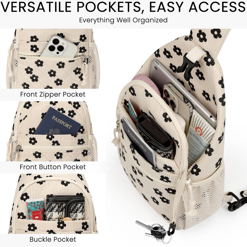 Vankor Small Crossbody Purses Bags for Women Men Travel, Chest Sling Bag Women Casual Cross Body Bag for Woman Sling Backpack Corduroy Black Flower - Image 5