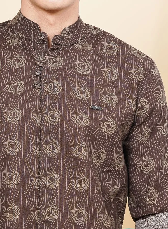 ذا انديان كراج كو Men Regular Fit Geometric Printed Full Sleeves Mandarin Collar Ethnic Shirt