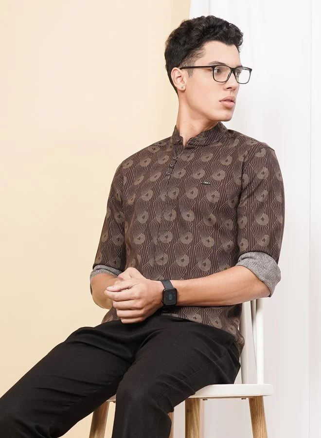 ذا انديان كراج كو Men Regular Fit Geometric Printed Full Sleeves Mandarin Collar Ethnic Shirt