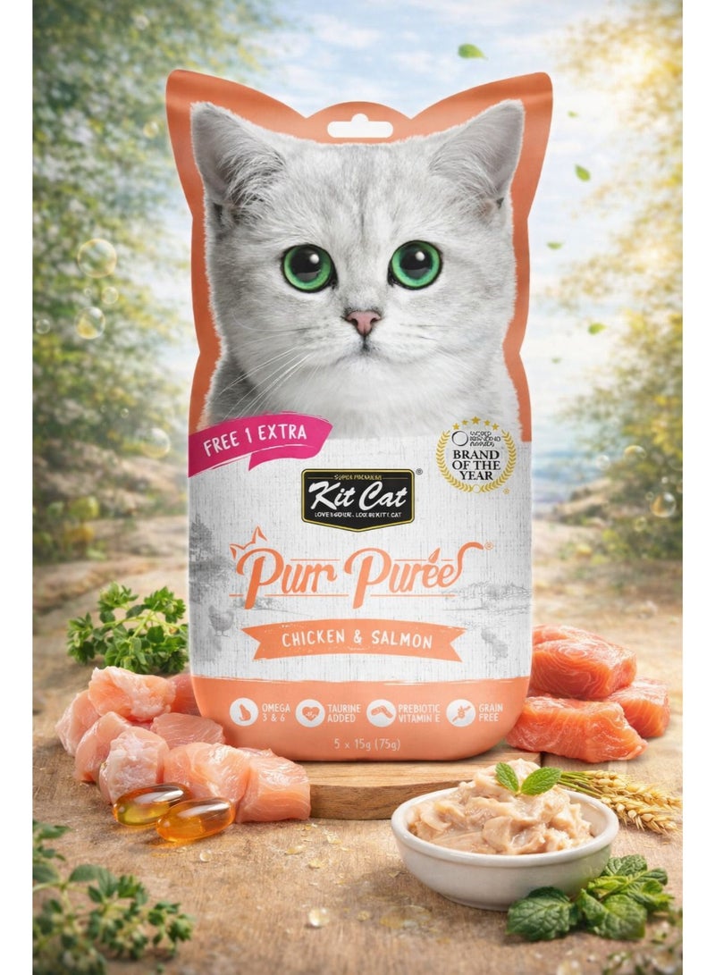 Purr Purée Plus+ Grain-Free Liquid Cat Treats with Fresh Chicken and Salmon Flavor, Enriched with Omega 3 and 6, Taurine, Prebiotics, and Vitamin E, Perfect for All Life Stages, 5 x 15g Value Pack with 1 Free Extra Sachet Included for Healthy Hydration and Bonding.