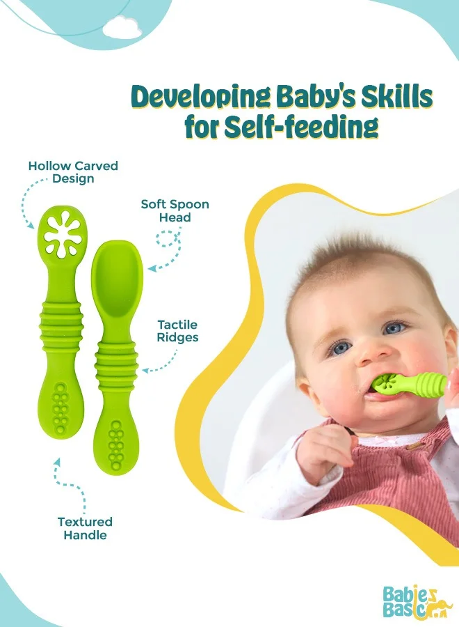 Babies Basic Soft Tip Bpa Free Silicone First Stage Training Spoon With Masher- Green