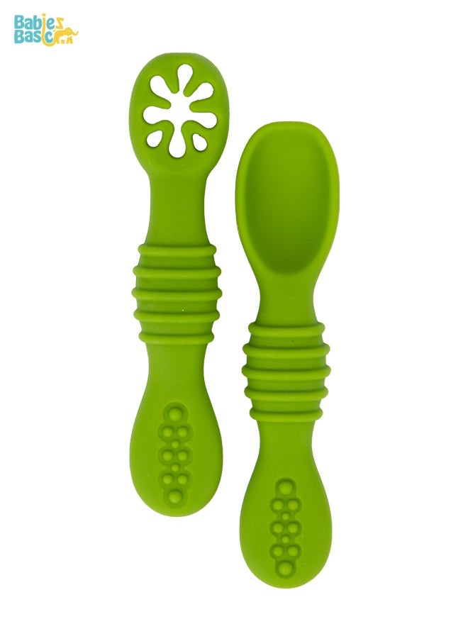 Babies Basic Soft Tip Bpa Free Silicone First Stage Training Spoon With Masher- Green  - Image 1