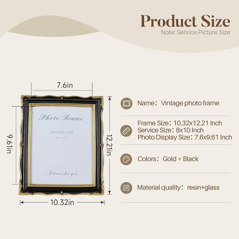 Cuspin إطار صور أسود وذهبي مقاس 8×10 من ، إطارات صور مزخرفة من الراتنج بنقوش، مع واجهة زجاجية، لوضعها على الجدار أو الطاولة، تزيين قديم للمنزل. - Image 5