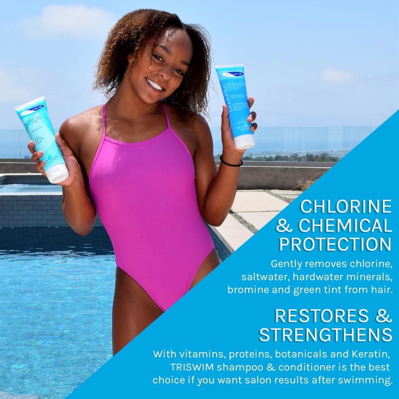 TRISWIM Hair Care Gift Set | Chlorine Shampoo and Conditioner for Swimmers, 8.5 fl oz | Paraben-Free with Aloe Vera and Chamomile | Restores Chlorine-Damaged Hair | Includes Body wash & Lotion Samples - Image 4