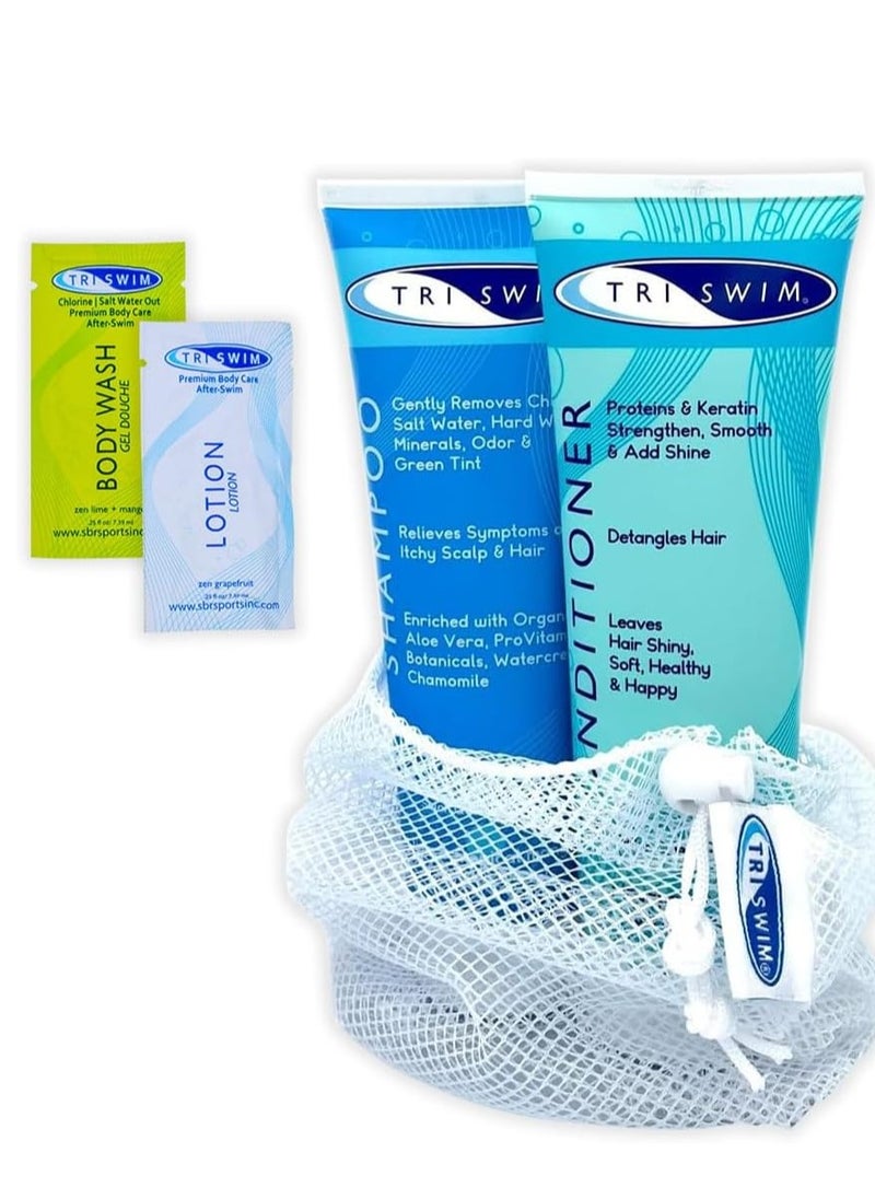 Triswim TRISWIM Hair Care Gift Set | Chlorine Shampoo and Conditioner for Swimmers, 8.5 fl oz | Paraben-Free with Aloe Vera and Chamomile | Restores Chlorine-Damaged Hair | Includes Body wash & Lotion Samples 